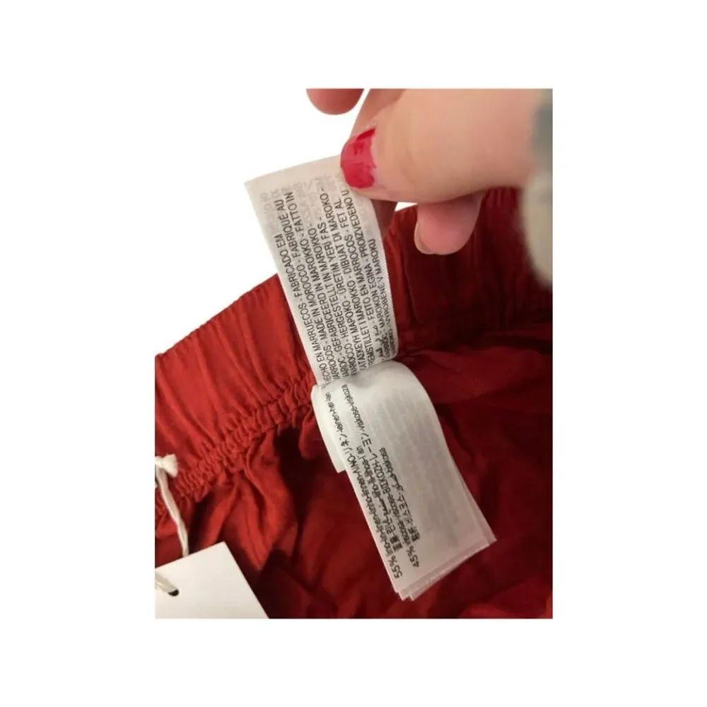 Zara Womens Linen Beaded Drawstring Ankle Pants linen XL Brick Red 8668/383 NWT